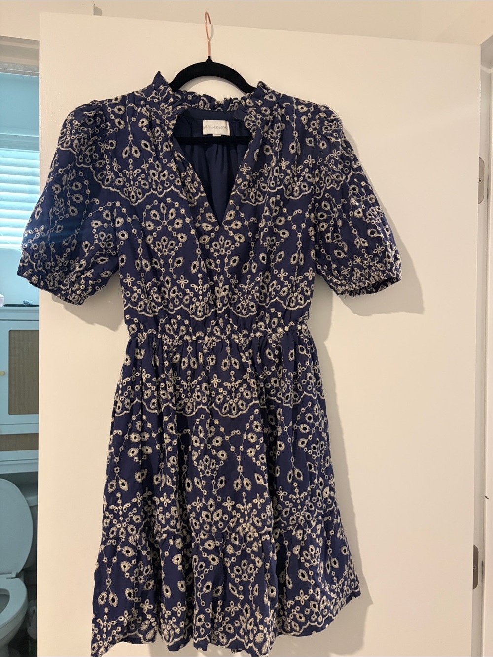 Sugarlips Navy and Cream Floral Puff-Sleeve Dress